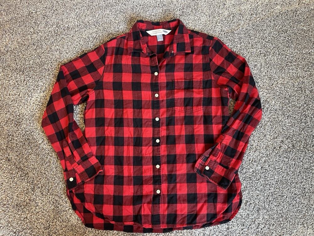 Old Navy Women’s Large Classic Fit Flannel Black Red Checkered Long Long